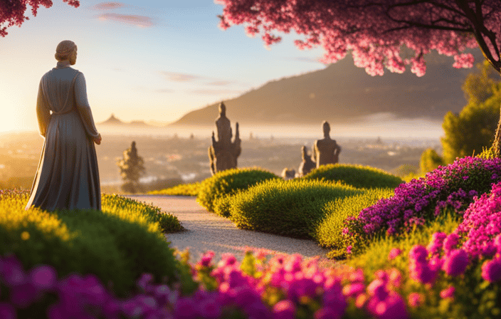 An image featuring a serene, lush garden with vibrant blossoms, surrounded by a winding path leading towards a radiant sunrise