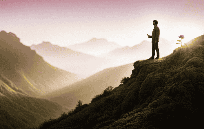 An image featuring a solitary figure standing atop a towering mountain, surrounded by a lush valley
