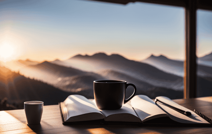 An image that showcases the transformative power of a daily routine: a serene morning scene with a neatly made bed, a cup of coffee, a yoga mat, and a journal, symbolizing structure, productivity, and personal growth