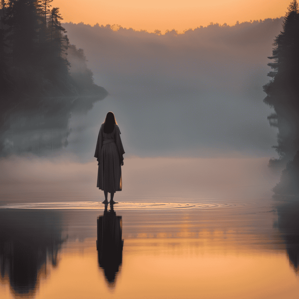 Create an image showcasing a serene sunrise over a tranquil mist-covered lake, where a lone figure stands with arms outstretched, embracing the ethereal glow, symbolizing the profound spiritual awakening and connection to the universe