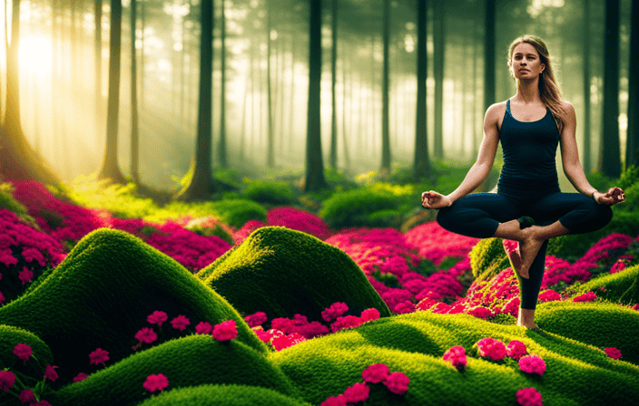 An image showcasing a serene forest landscape bathed in gentle sunlight, with a solitary figure practicing yoga on a mossy rock, surrounded by vibrant flowers and lush greenery