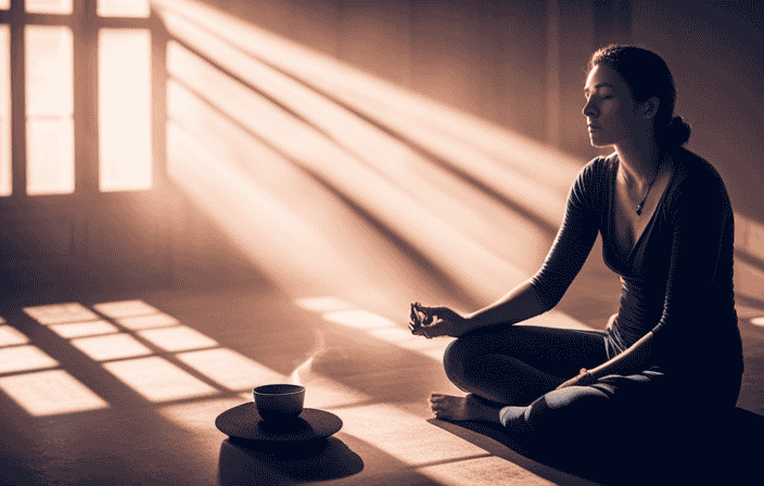 An image showcasing a serene, sunlit room with a person sitting cross-legged on a soft cushion, eyes closed, surrounded by delicate incense smoke