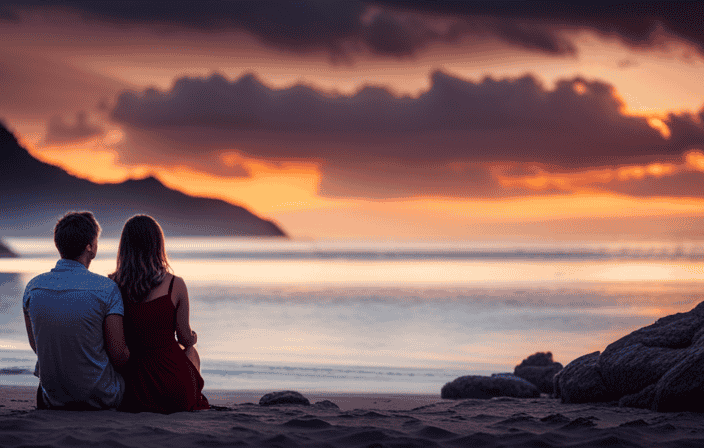 An image that portrays a serene couple sitting on a beach at sunset, holding hands and gazing into each other's eyes, showcasing the transformative impact of stress relief on relationships and overall well-being