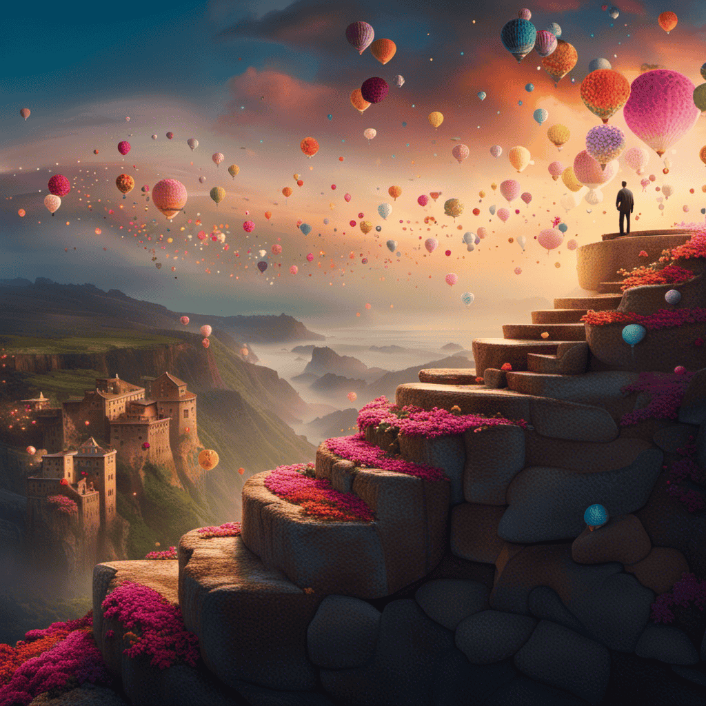 An image of a person standing on a cliff, gazing at a vast and vibrant dream world below