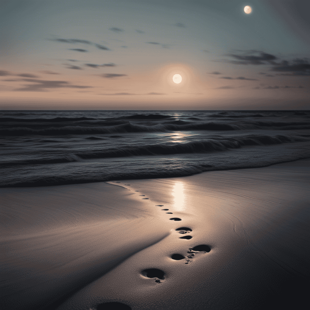 An image of a serene, moonlit beach with footprints leading towards the horizon