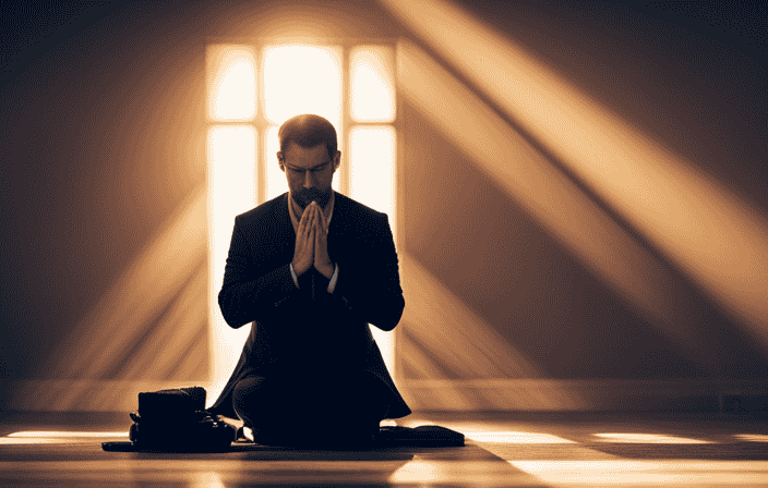 An image of a serene, dimly-lit room with a person kneeling in supplication, their hands clasped in prayer