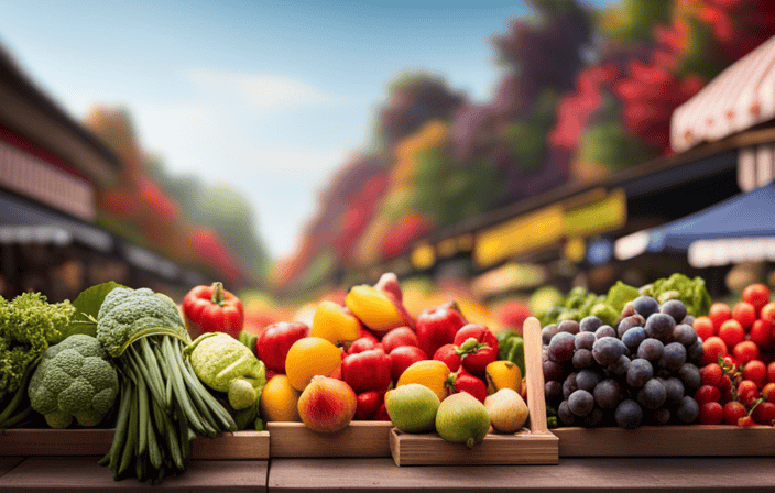 An image that showcases an abundant, vibrant farmers market with colorful, fresh fruits and vegetables