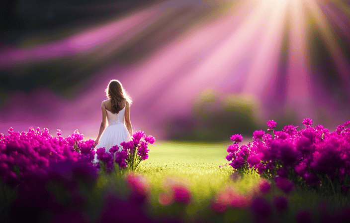An image of a serene garden bathed in the ethereal glow of a magenta aura