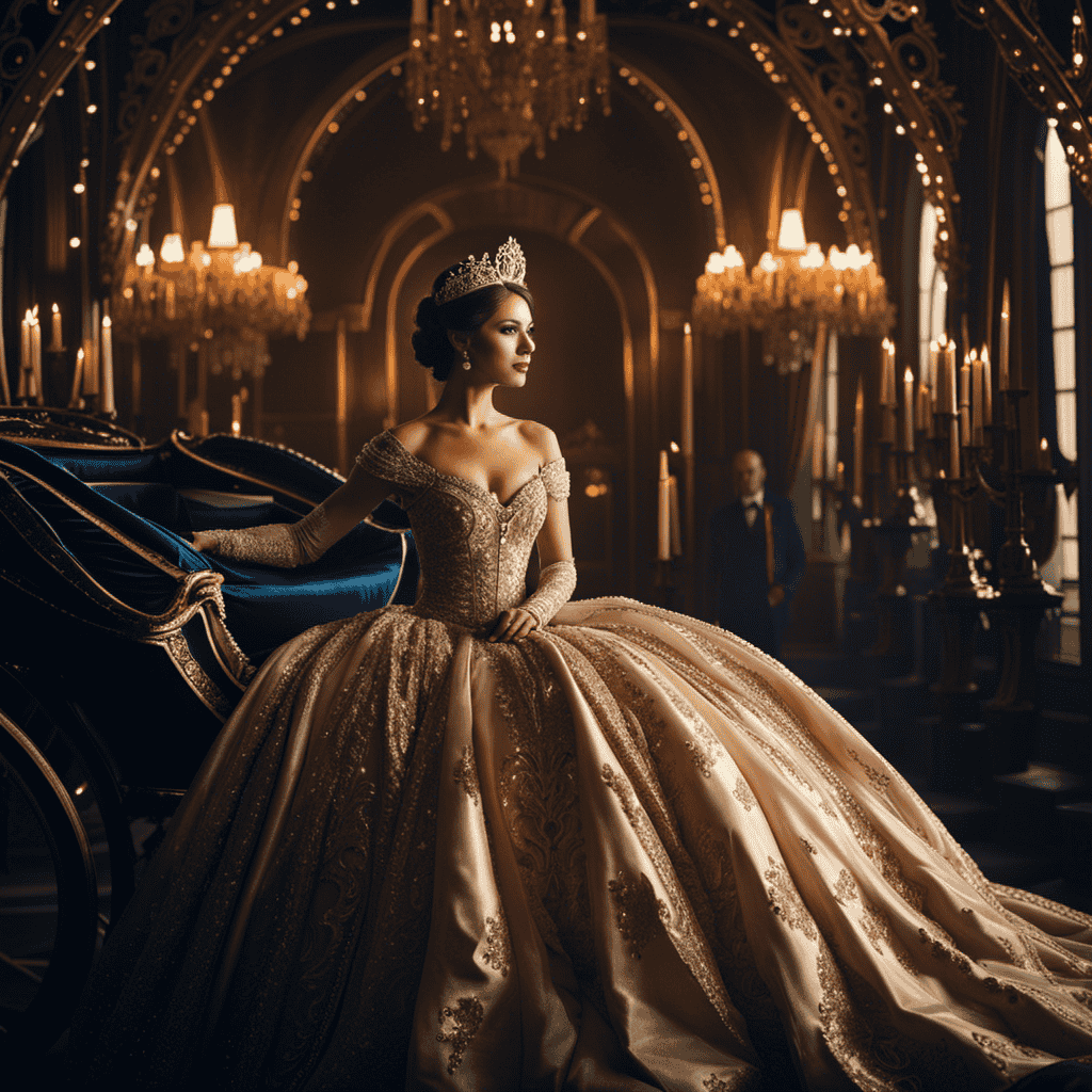 An image showcasing a regal princess, adorned in an opulent gown, gracefully emerging from a fairy-tale carriage, surrounded by an aura of mystique, capturing the allure and aspirations tied to marrying a prince