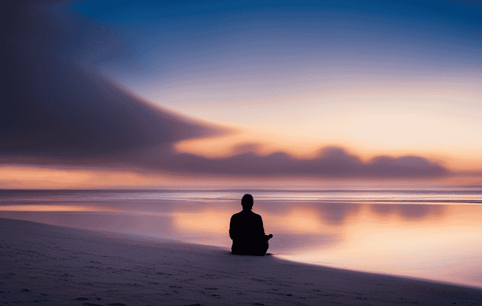 An image of a serene beach scene at sunrise, with a lone figure sitting cross-legged on the sand, their eyes closed in deep meditation