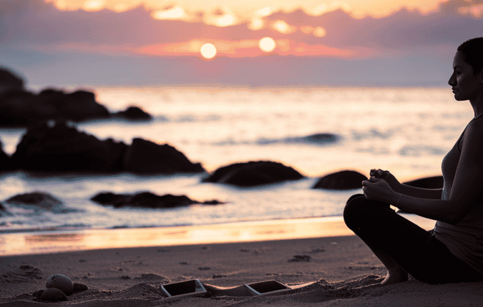 An image showcasing a serene beach at sunrise, with a person sitting cross-legged on the sand, eyes closed, practicing mindfulness