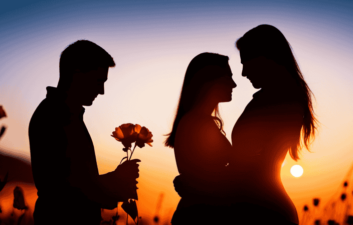 An image showcasing a silhouette of two individuals embracing in a warm sunset glow, surrounded by blooming orange flowers, symbolizing the magnetic energy of creativity, passion, and vibrant relationships