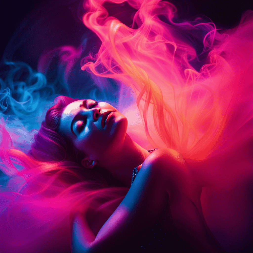 An image capturing the ethereal dance of vibrant colors swirling around a sleeping figure, as delicate tendrils of cool mist caress their skin, evoking the power of physical sensations in dreams