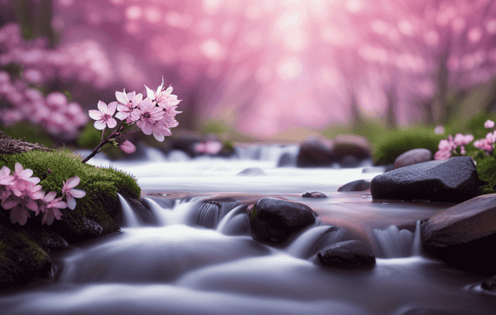 An image featuring a serene garden bathed in soft, ethereal pink hues
