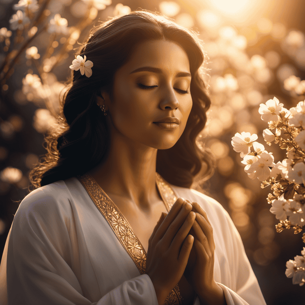 An image that captures the essence of prayer meditation, featuring a serene figure immersed in golden light, surrounded by blossoming flowers, with hands gently clasped in a gesture of tranquility and connection