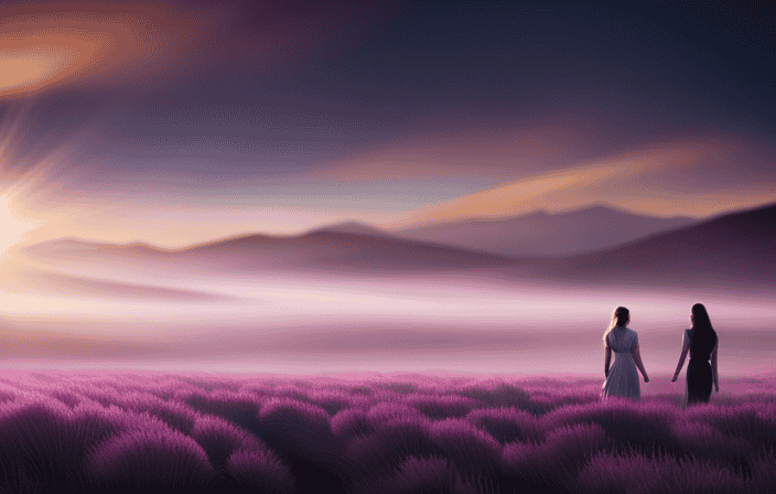 An image showcasing a serene, lavender-hued meadow at dusk, where ethereal wisps of violet light radiate from people's bodies, intertwining with nature, symbolizing the harmonious connection between auras and the spiritual world