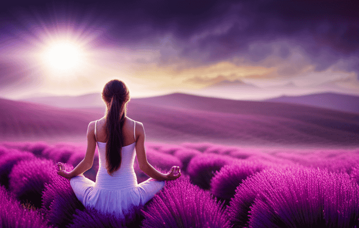 An image featuring a serene woman meditating in a lush lavender field with vibrant purple hues radiating from her body, symbolizing the profound spiritual significance of auras and the power of purple