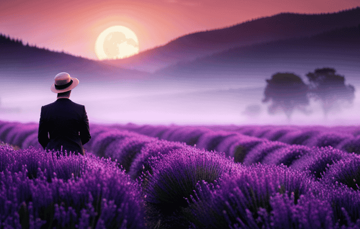 An image showcasing a serene lavender field at twilight, with a solitary figure meditating amongst the vibrant purple blooms