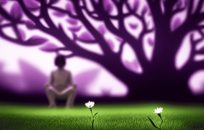 An image showcasing a tranquil garden bathed in a soft purple haze