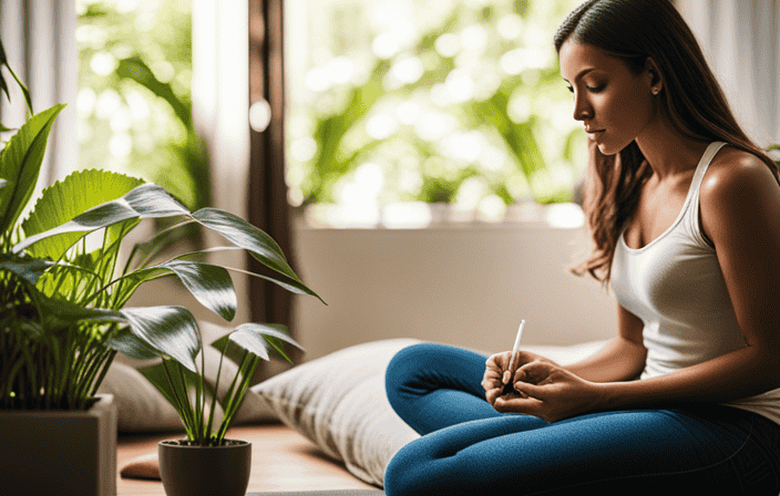 An image showcasing a person sitting cross-legged in a serene room, surrounded by soft natural light filtering through plants and a window