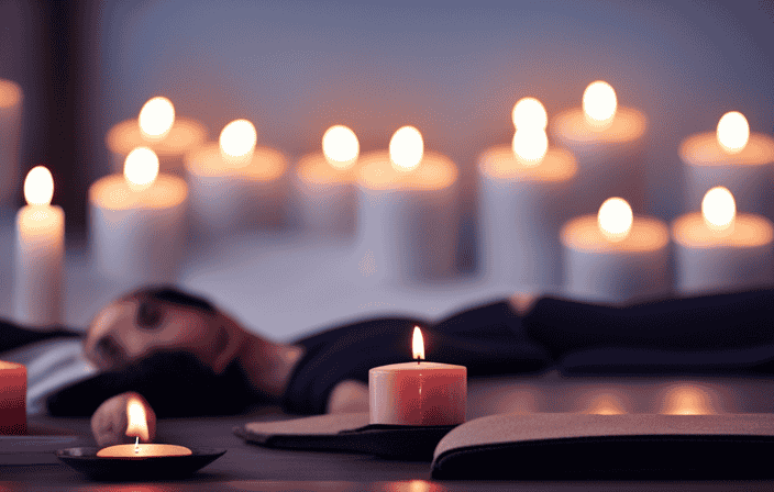 An image capturing the essence of Shavasana: A serene, dimly lit yoga studio, where a person lies peacefully on their mat, eyes gently closed, surrounded by a tranquil atmosphere of flickering candles and soft, soothing music
