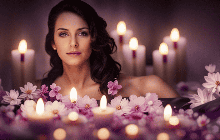 An image showcasing a serene, candlelit bathroom adorned with fragrant flowers, as a person immersed in a warm, shimmering bath adorned with healing crystals, connecting with their spirituality and experiencing deep cleansing and rejuvenation