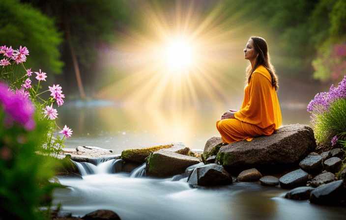 An image that captures the essence of spiritual blessings: a radiant golden light enveloping a serene figure, surrounded by blooming flowers, flowing water, and a transcendent connection to the divine