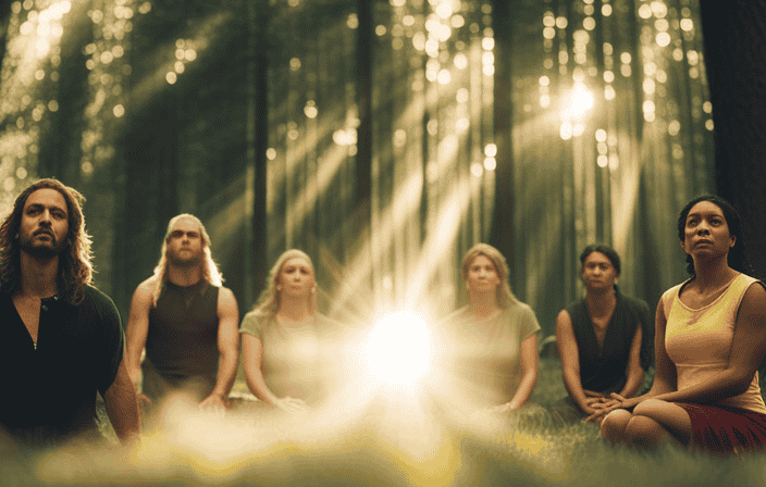 An image depicting a serene, sunlit forest clearing, where a diverse group of individuals engage in meditation, prayer, and contemplation, surrounded by ethereal rays of light, symbolizing the profound and transformative power of spiritual connection
