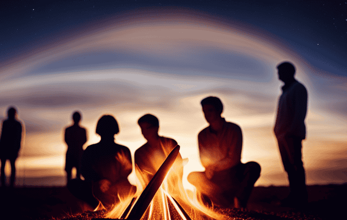 An image showcasing diverse individuals gathered around a mesmerizing bonfire, their silhouettes illuminated by its warm glow