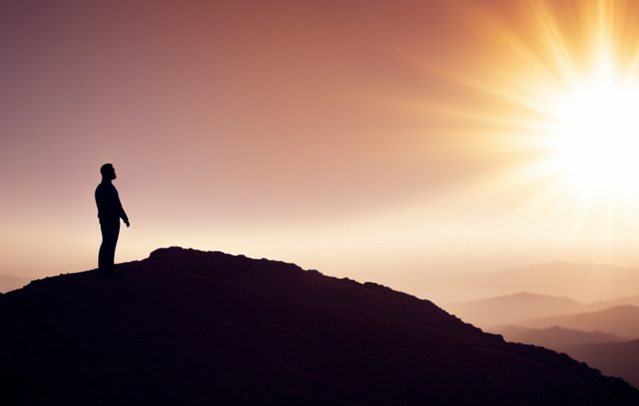 An image of a solitary figure standing on a mountaintop, bathed in golden light, as their outstretched arms connect with swirling cosmic energy, symbolizing the profound connection between personal growth and the universal benefits of spiritual conviction