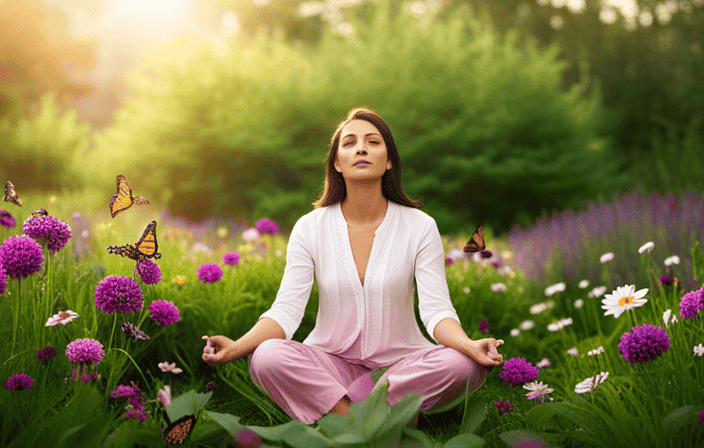 An image that depicts a serene garden, bathed in soft golden light, with a person sitting cross-legged, eyes closed, surrounded by fluttering butterflies and blooming flowers, symbolizing the transformative power of spiritual disciplines in fostering a deep connection with God and inner tranquility