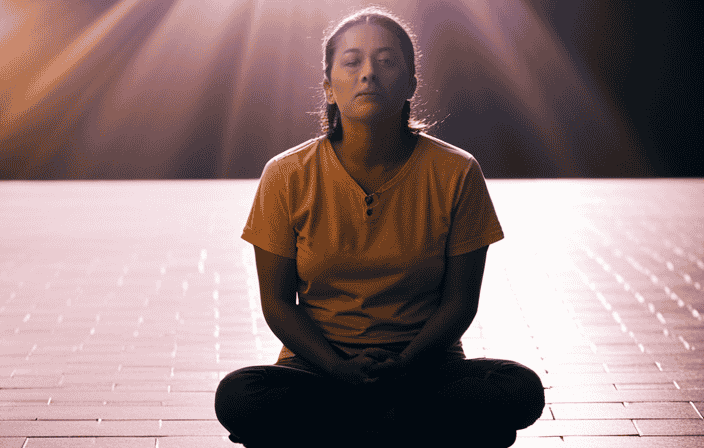 An image depicting a person sitting cross-legged in a serene setting, surrounded by vibrant beams of golden light descending from the heavens