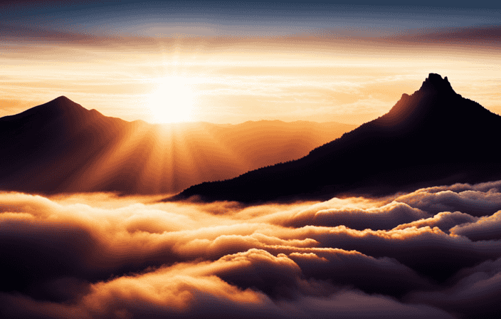 An image that showcases a serene, golden sunrise over a mountaintop, where vibrant rays of light pierce through the clouds, symbolizing the profound connection between the divine and earthly realms, illustrating the transformative potential of spiritual laws