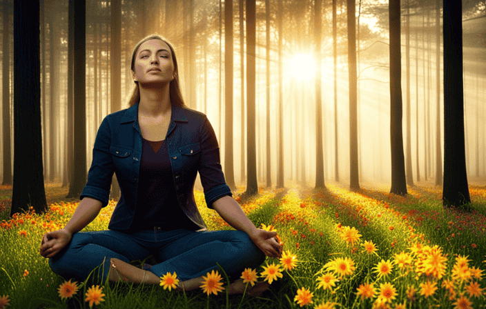 An image depicting a serene, sunlit forest clearing with a person sitting cross-legged, eyes closed, peacefully surrounded by vibrant blooming flowers, as rays of golden light filter through the trees, evoking the transformative power of spiritual meditation