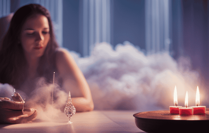 An image that portrays a serene, sunlit room with soft, ethereal colors, where a person sits peacefully, surrounded by flickering candles, gentle incense smoke, and delicate crystals, symbolizing the transformative power of spiritual therapy