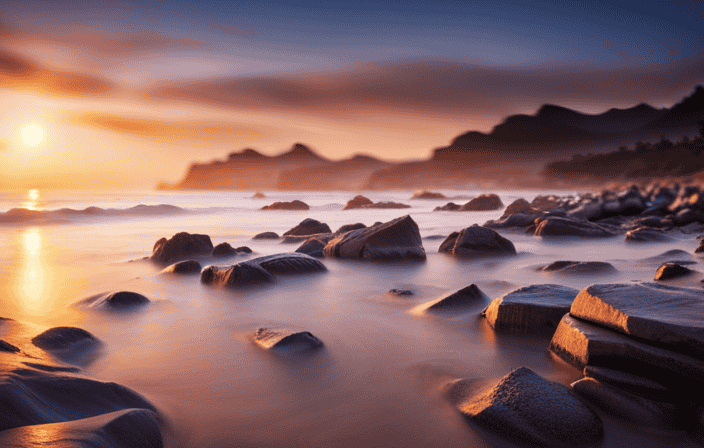 An image showcasing a serene, untouched beach at sunset, with gentle waves lapping against the shore, casting a warm, golden glow