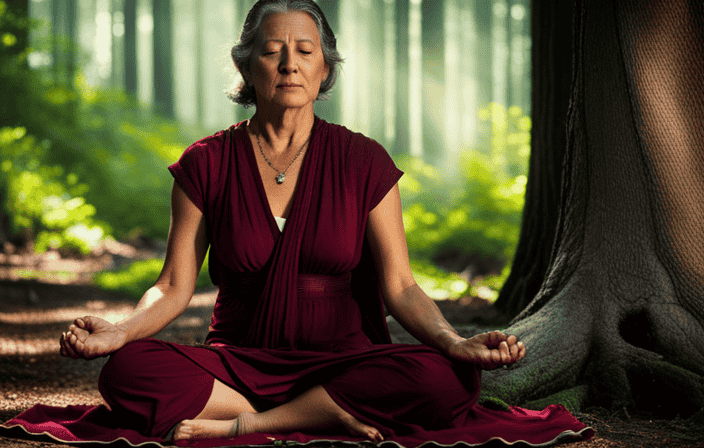 An image that captures the essence of tree meditation: a secluded forest glade, bathed in dappled sunlight, where a serene figure sits with eyes closed, hands gently resting on the textured bark of an ancient tree