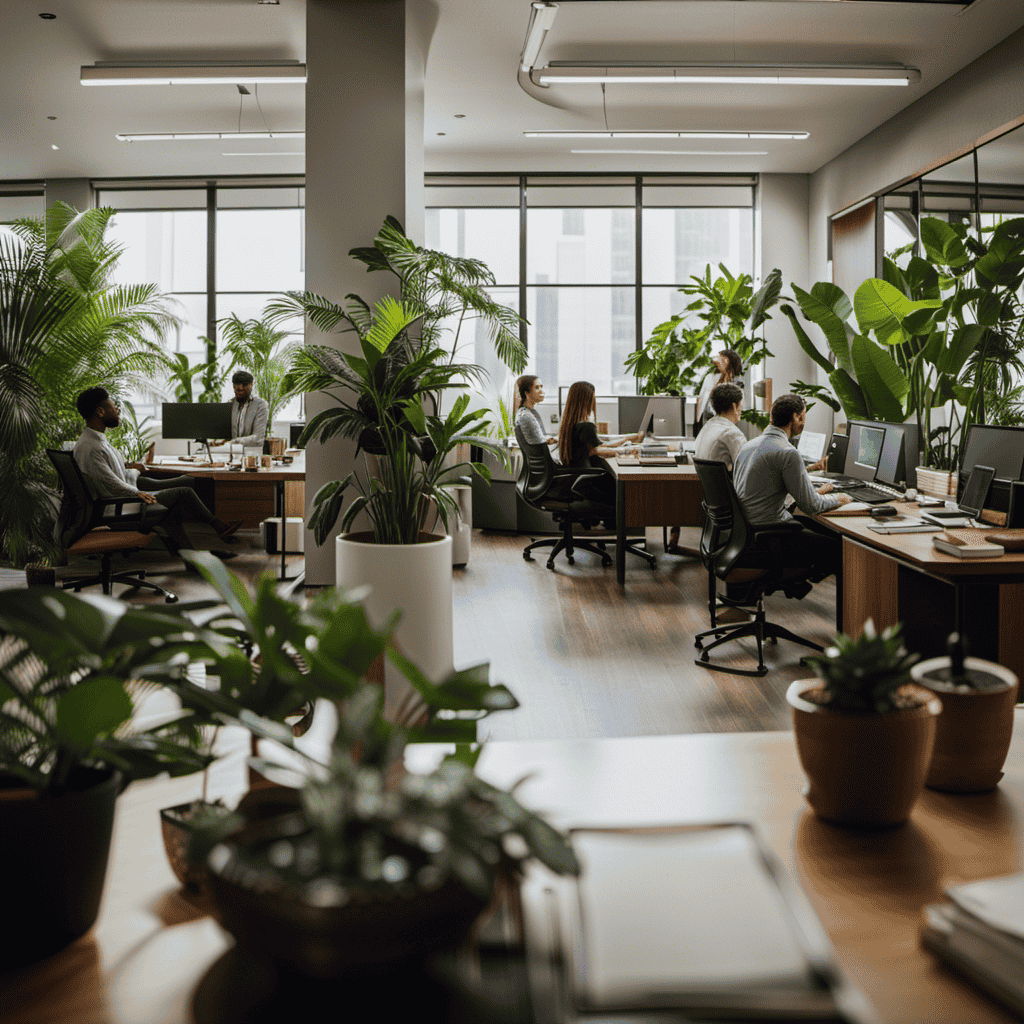 An image featuring a serene office space, adorned with plants and natural light pouring in through large windows