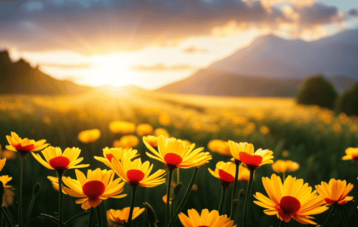 An image showcasing a radiant sunrise over a lush meadow, where vibrant yellow and orange hues intermingle boldly