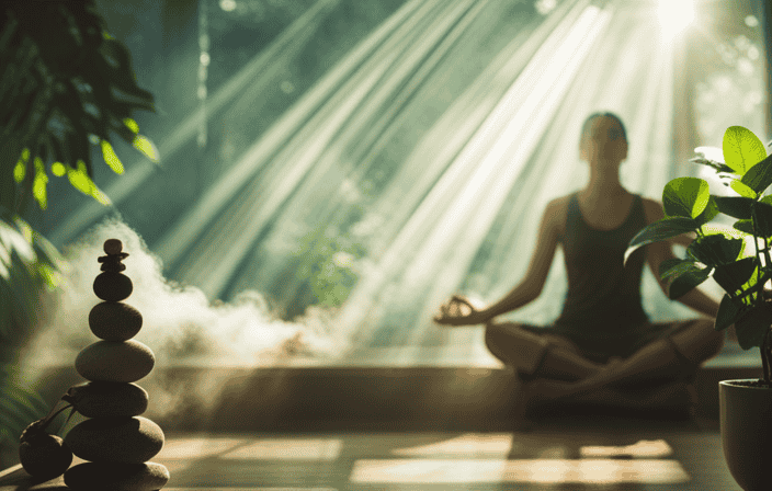 An image showcasing the transformative power of yogic relaxation: a serene, sunlit room adorned with lush green plants, soft incense smoke swirling in the air, and a meditating figure basking in a state of blissful tranquility
