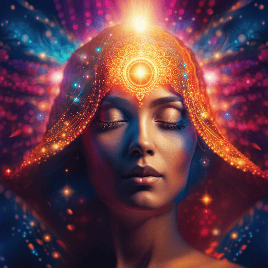 An image capturing the ethereal essence of spiritual awakening, featuring a serene figure bathed in ethereal light, their third eye radiating vibrant colors, as they connect with the universe through an invisible cosmic thread