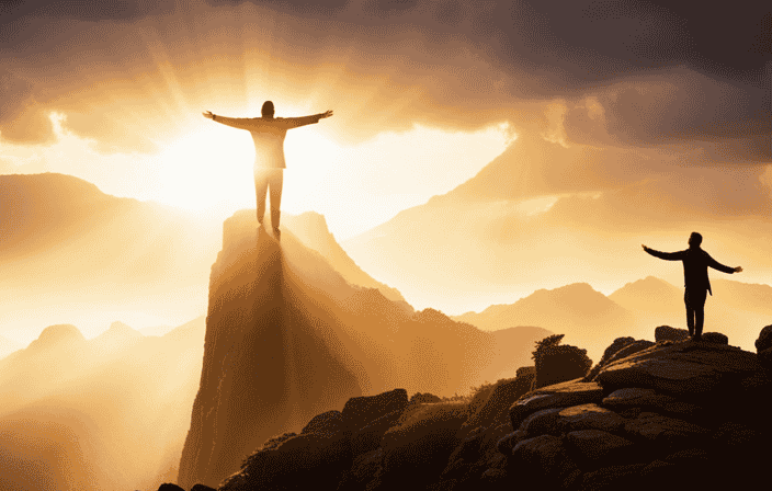 An image depicting a solitary figure standing on a serene mountaintop, bathed in golden sunlight, with outstretched arms reaching towards a radiant waterfall cascading down, symbolizing the quest for spiritual fulfillment and the quenching of an eternal thirst