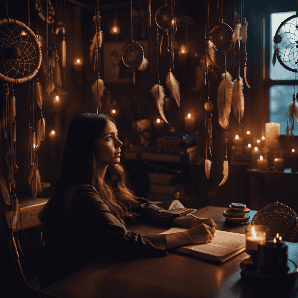 An image that features a teacher sitting in a cozy, dimly lit room, surrounded by dreamcatchers and symbols of various dreams, while gently guiding a student through the mysterious realm of dream interpretation