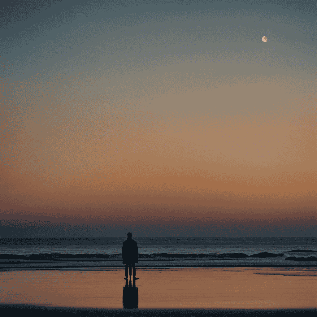An image depicting a solitary figure standing on a desolate beach at twilight, gazing out into the vast ocean, with a faint silhouette of a distant island serving as a symbol of unattainable connection