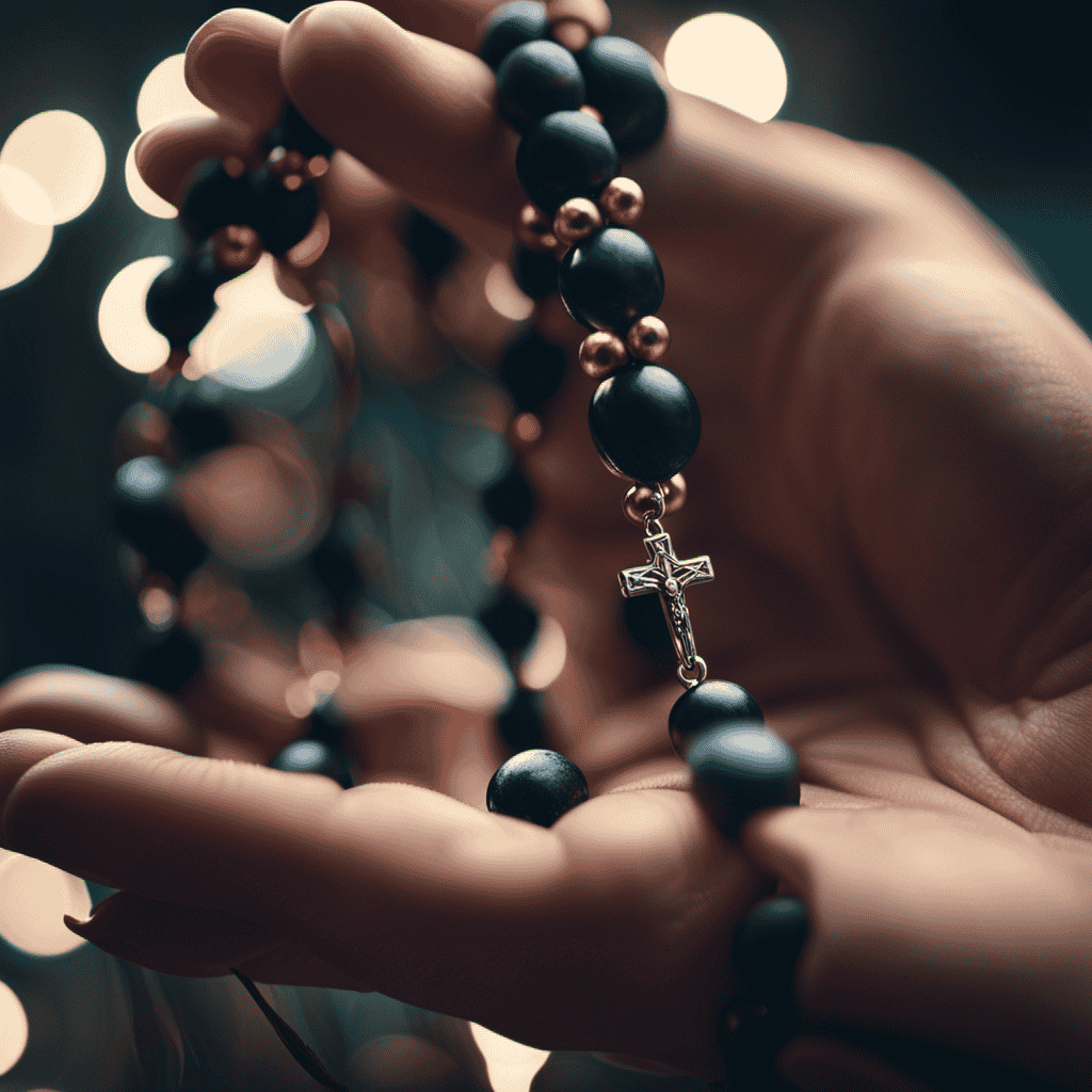 An image of delicate, intertwined rosary beads gently held in the palm of a serene hand, each bead representing a profound moment of prayer and meditation, evoking a sense of tranquility and spiritual connection