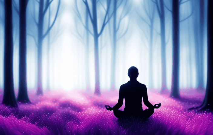 An image showcasing a serene, ethereal scene of a person meditating in a lush blue forest, surrounded by shimmering blue orbs of light, radiating tranquility and interconnectedness