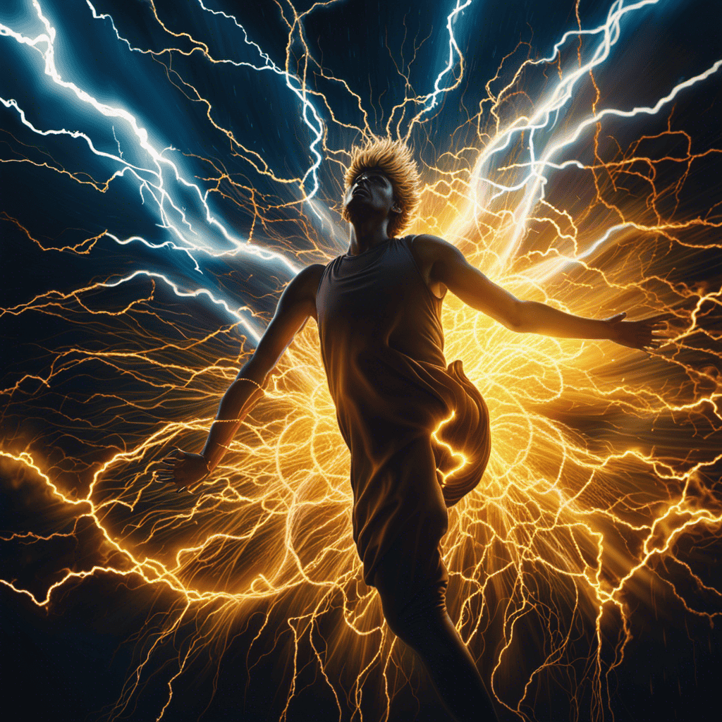 An image depicting a person floating amidst a vibrant electrical storm, their body radiating golden light as bolts of electricity surge through them, symbolizing the profound spiritual awakening and revelations that can be sparked by electric shocks