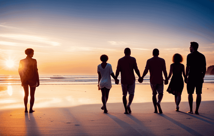 An image depicting a serene beach at sunset, where a circle of diverse individuals hold hands in unity, symbolizing the spiritual principles of AA: acceptance, surrender, honesty, humility, faith, courage, integrity, willingness, perseverance, and service