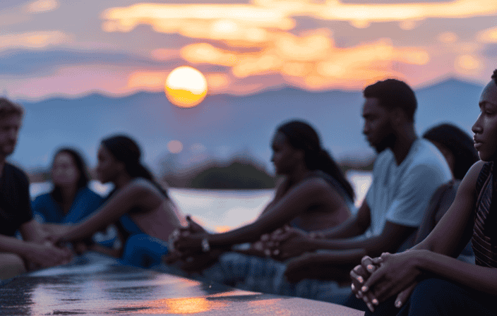 An image capturing the essence of AA's spiritual principles: a serene sunset casting a warm, golden glow over a group of diverse individuals, radiating honesty, humility, and serenity in their shared journey towards recovery