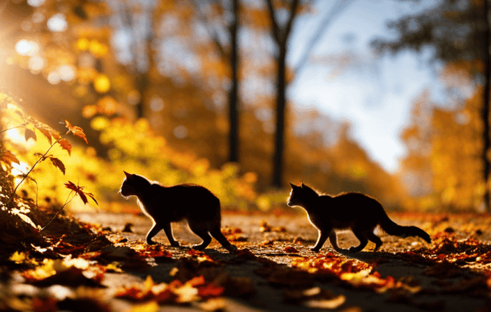 An image capturing the spiritual essence of a stray cat following you: a sunlit path with autumn leaves, where shadows dance around your feet as a feline silhouette walks beside you, its gaze filled with curiosity and ancient wisdom